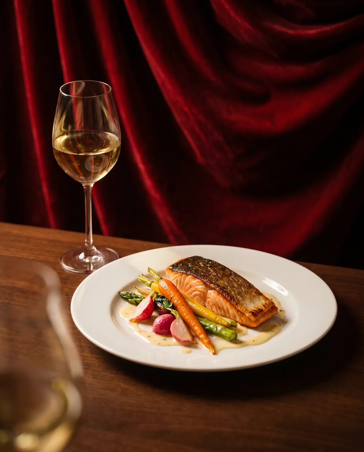 Seared salmon fillet plated with baby vegetables and beurre blanc