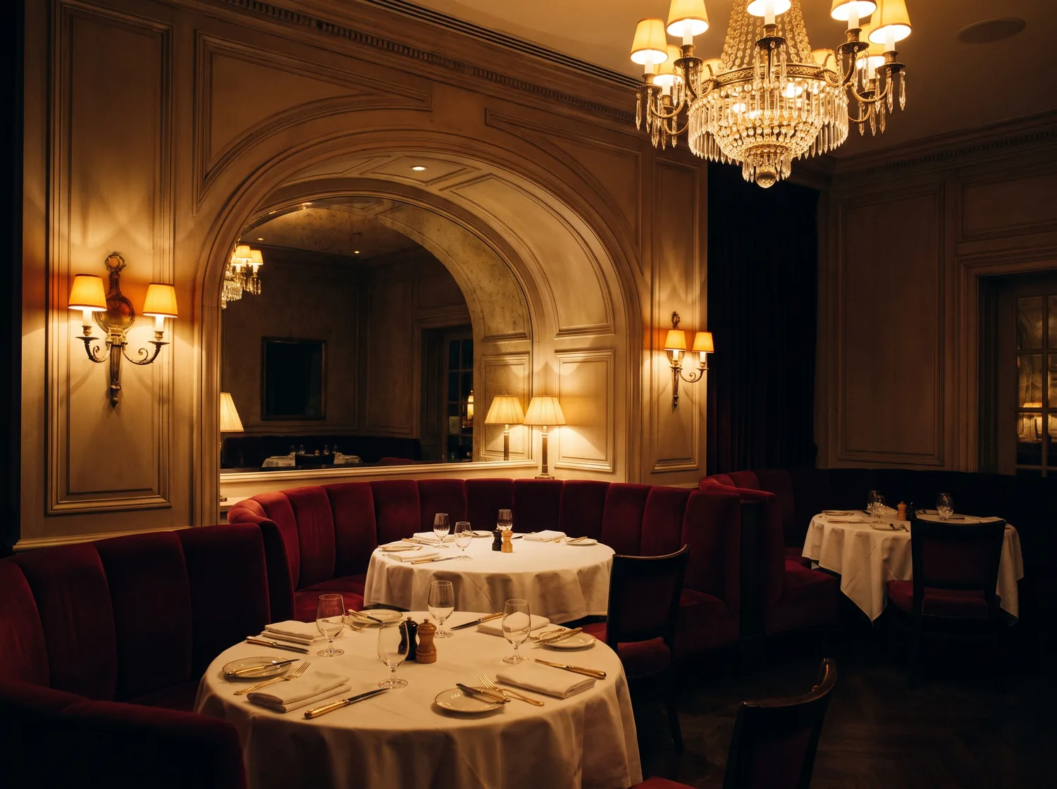 The red dining room with velvet banquettes and brass sconces