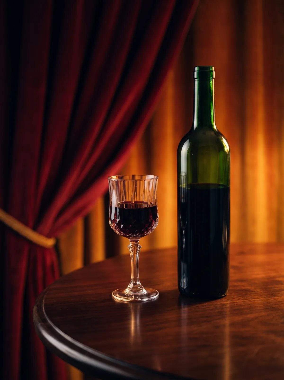 A wine bottle and a glass of red wine on a walnut table