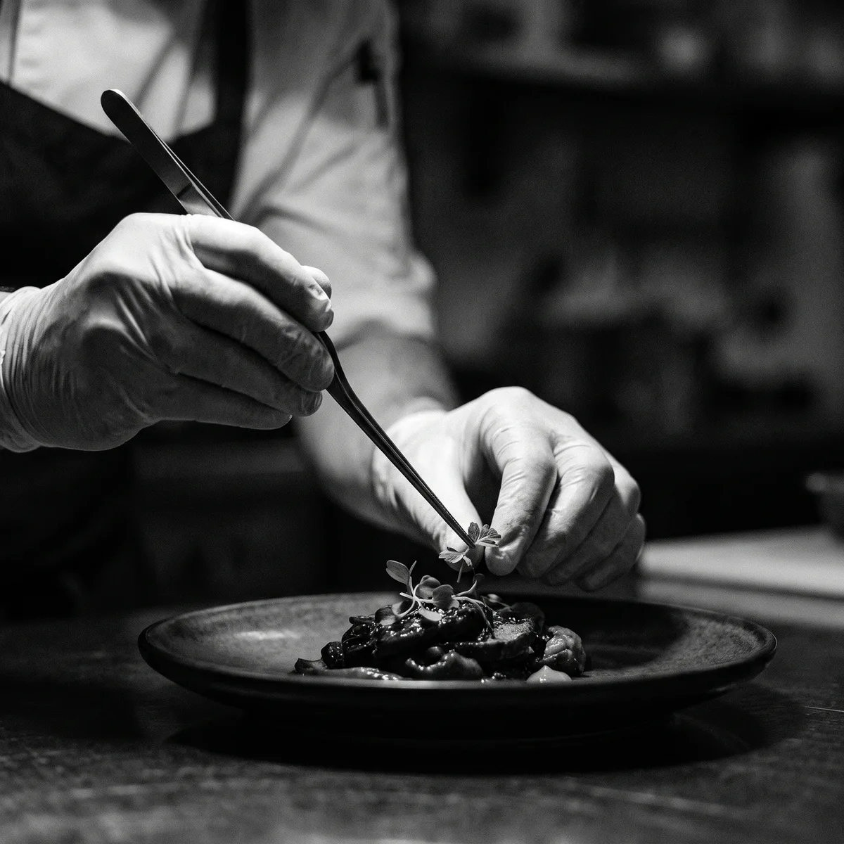A chef's hands placing a herb garnish with tweezers